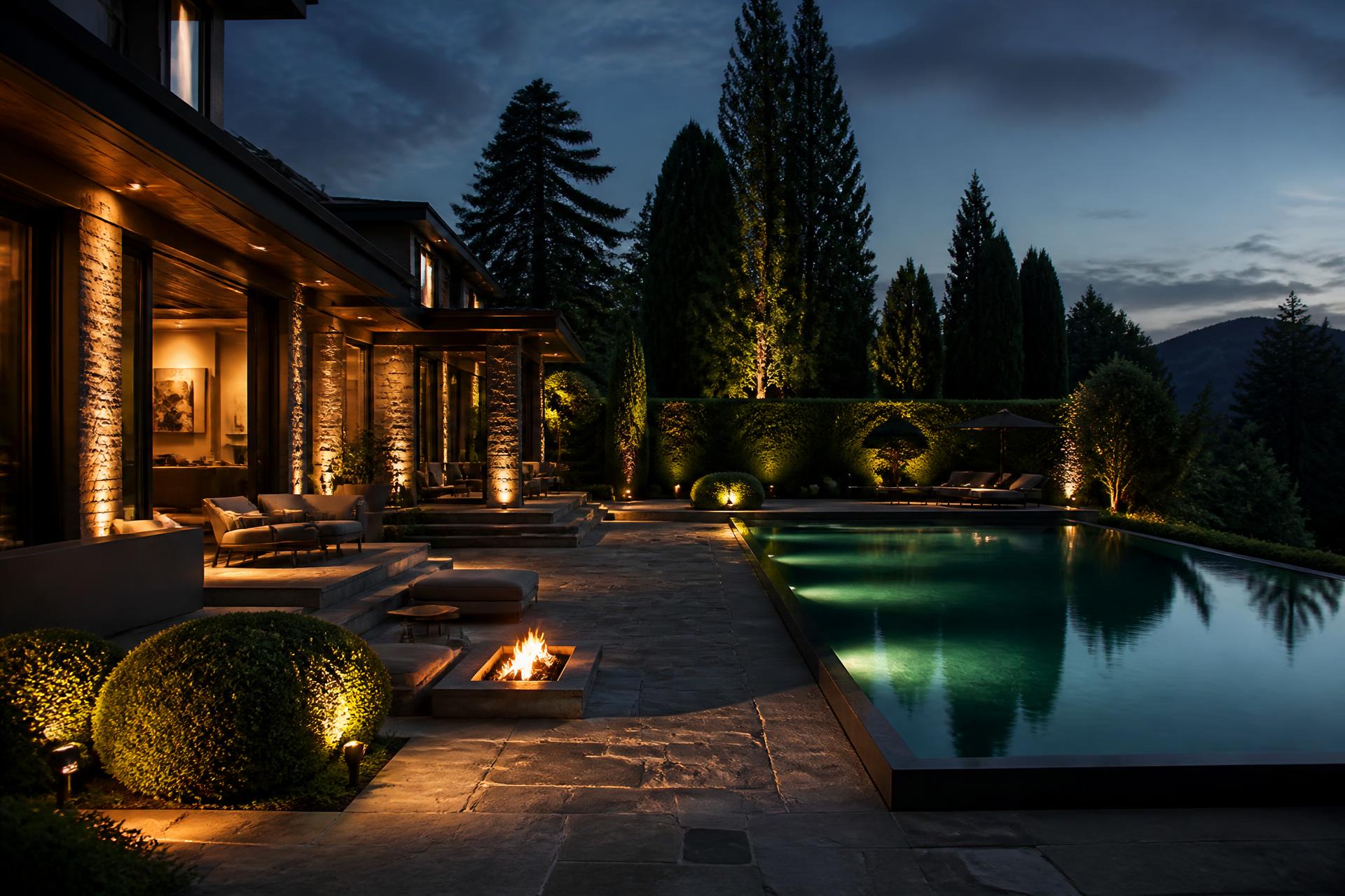Luxury outdoor living space with pool, paver patio and landscape lighting at dusk